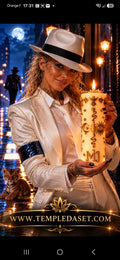 Présentation de la bougie MJ par Béatrice en costume blanc et chapeau